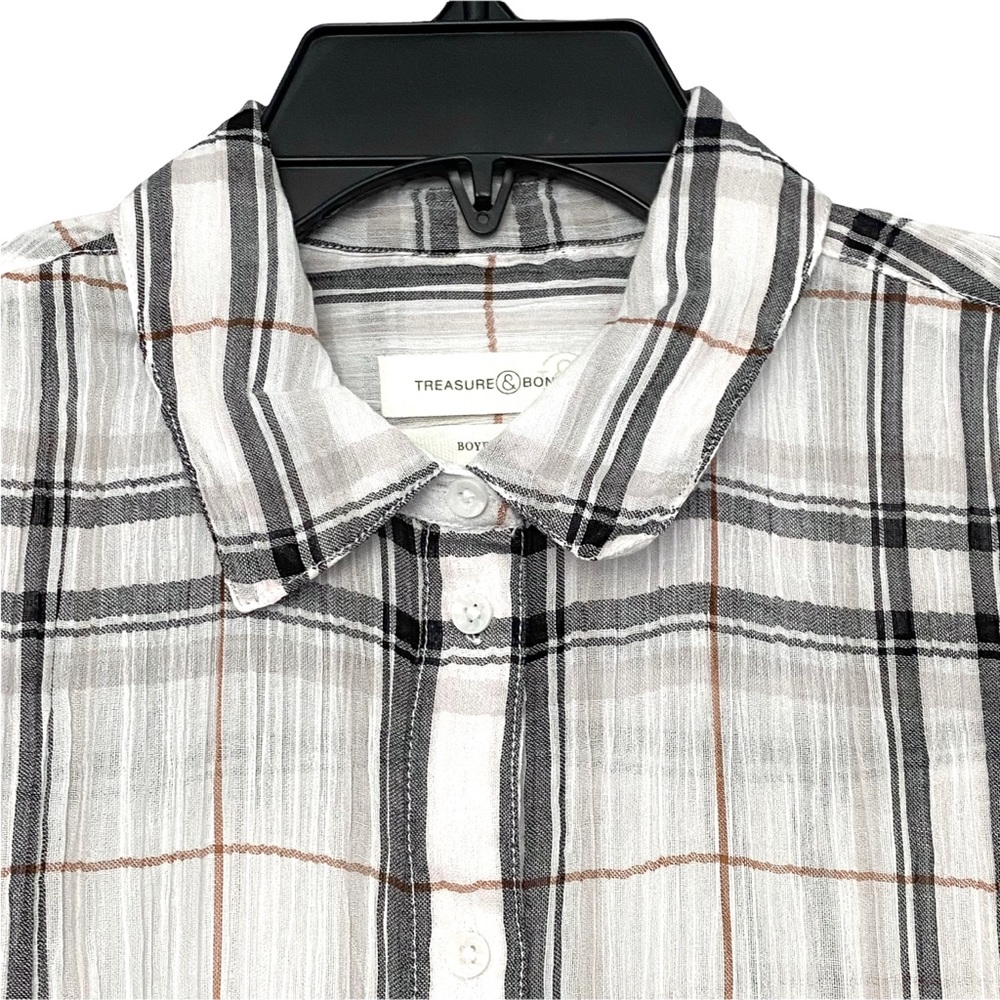 NEW TREASURE & BOND Nordstrom Semi Sheer Boyfriend Fit White Renee Plaid Shirt - Picture 4 of 9